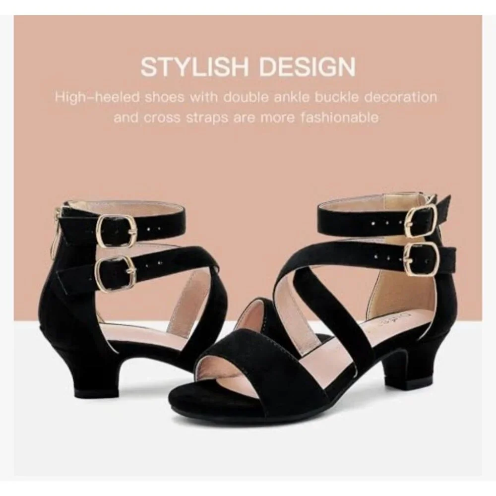 Girls Sz 13 Little Kid Black High Heel Sandals Cross Strap Wedding Party Church